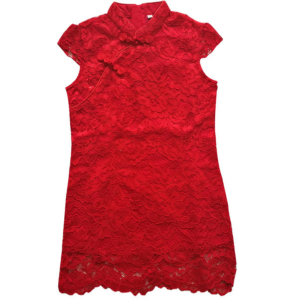 Rochie pentru copii din dantela pentru o fata in rosu si roz