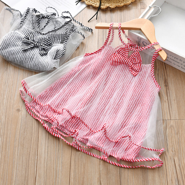 Rochie moderna pentru copii in dungi cu panglica in doua culori