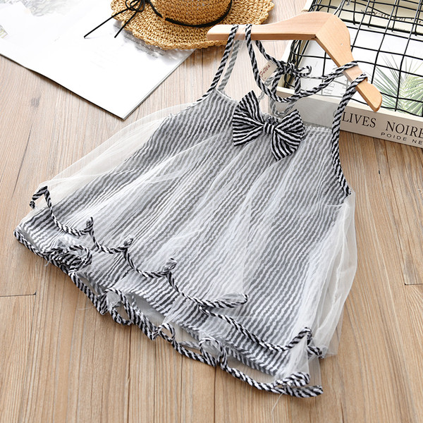 Rochie moderna pentru copii in dungi cu panglica in doua culori