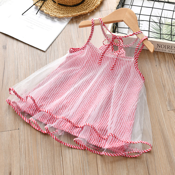 Rochie moderna pentru copii in dungi cu panglica in doua culori