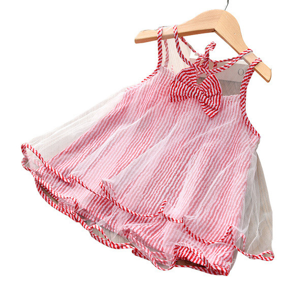 Rochie moderna pentru copii in dungi cu panglica in doua culori