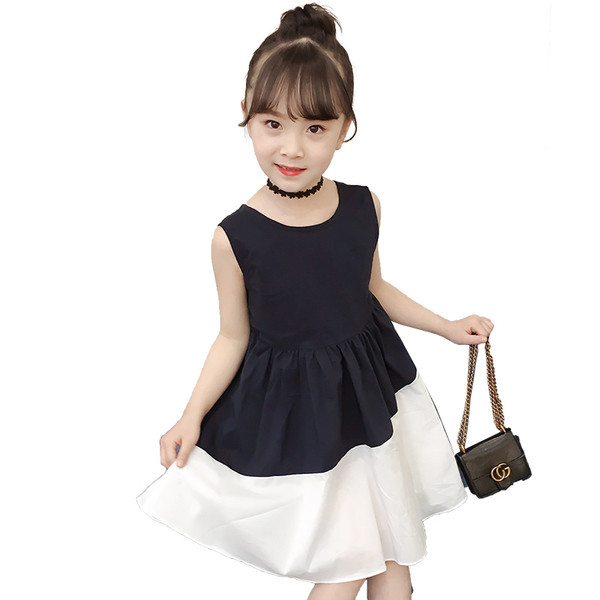 Rochie modernă pentru copii alb-negru, cu panglică și spate deschis