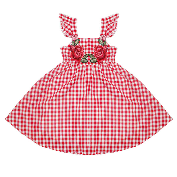 Rochie pentru copii in carouri in rosu cu broderie florala si panglica