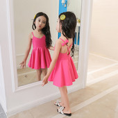 Rochie casual pentru copii cu bretele incrucisate si panglici in alb si roz