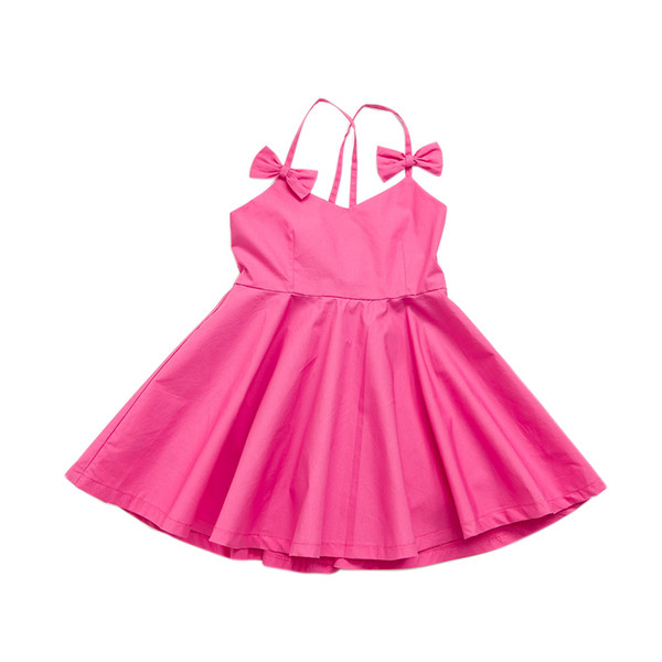 Rochie casual pentru copii cu bretele incrucisate si panglici in alb si roz