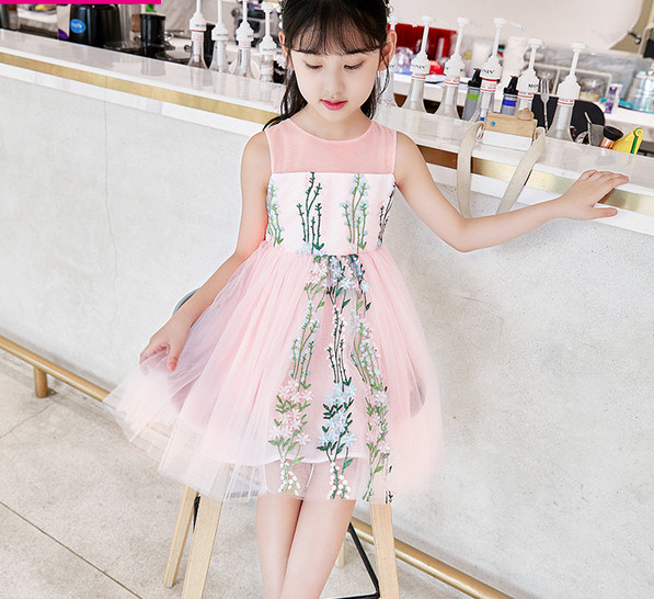 Μοντέρνο παιδικό τούλι φόρεμα με κεντήματα και κορδέλα σε δύο χρώματα