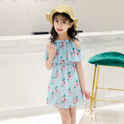 Παιδικό φόρεμα με floral μοτίβα και ανοιχτούς ώμους σε μπλε χρώμα