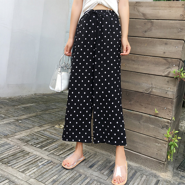 Pantaloni largi de dama cu buline in negru