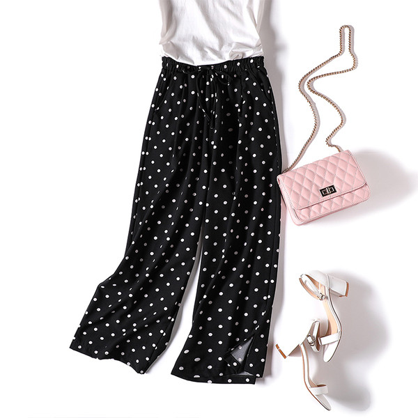 Pantaloni largi de dama cu buline in negru