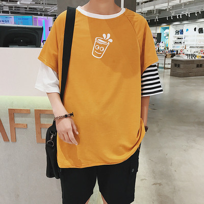 Tricou casual barbatesc cu aplicatie si maneci 3/4 de culoare galbena