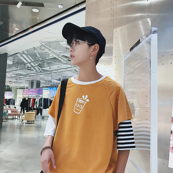 Tricou casual barbatesc cu aplicatie si maneci 3/4 de culoare galbena