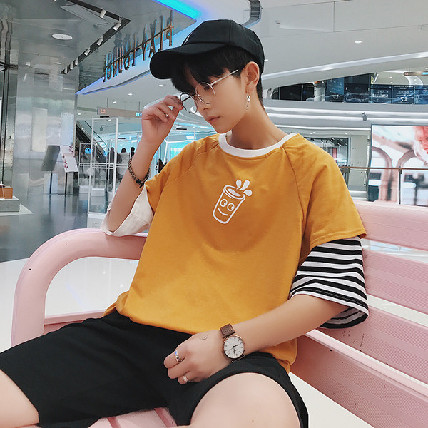 Tricou casual barbatesc cu aplicatie si maneci 3/4 de culoare galbena