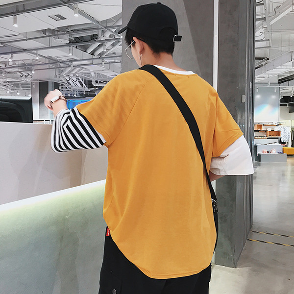 Tricou casual barbatesc cu aplicatie si maneci 3/4 de culoare galbena