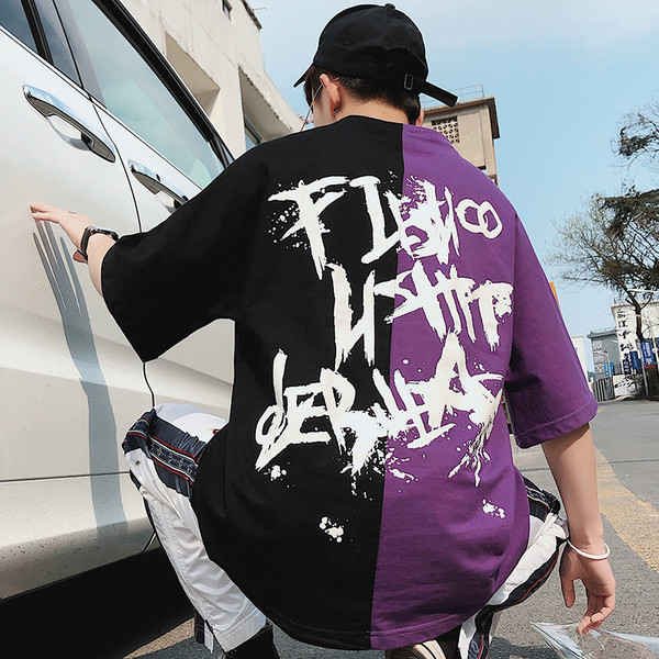 Tricou casual barbatesc in doua culori cu inscriptii - model larg