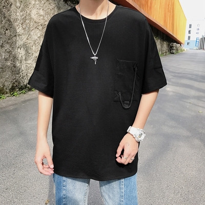 Мъжка памучна тениска с джоб и връзка в бял и черен цвят