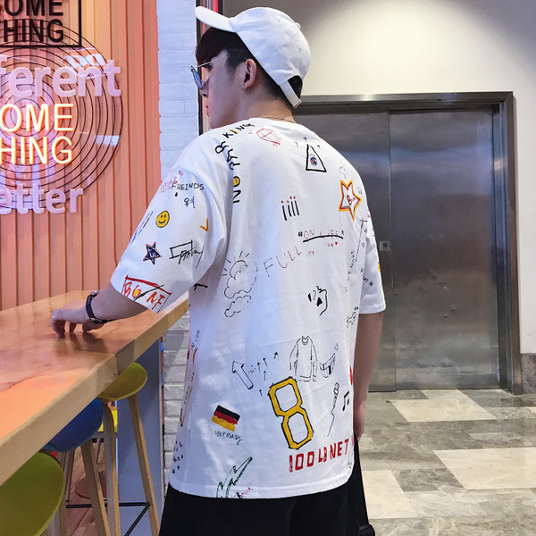 Мъжка тениска с О-образно деколте и десен в бял и сив цвят