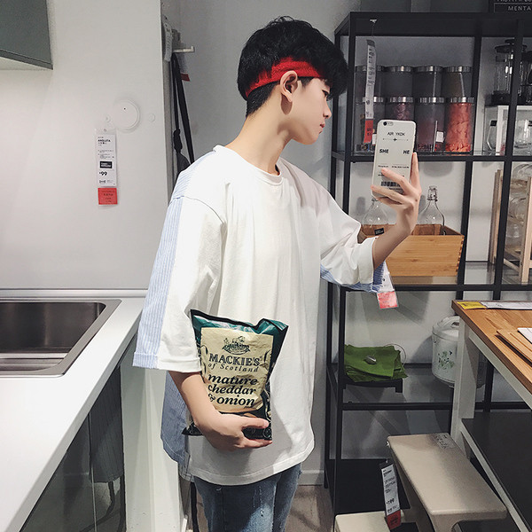 Tricou barbatesc model larg in alb si negru cu maneci 3/4 si elemente cu dungi