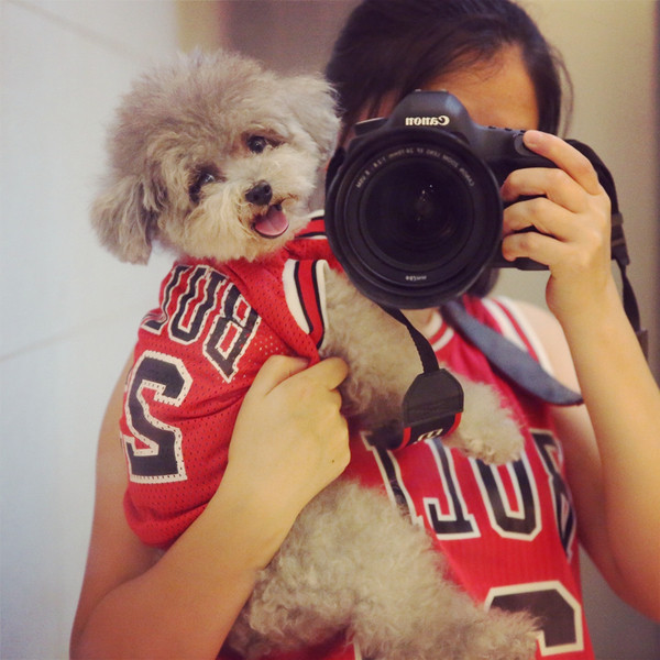 Ένα αθλητικό μπλουζάκι για σκύλους με μαύρο και κόκκινο χρώμα