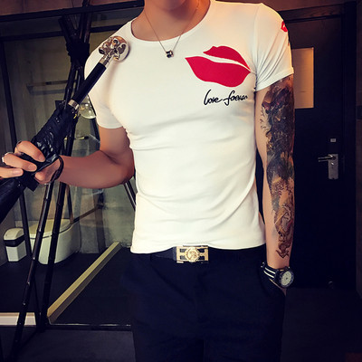 Mъжка тениска с надпис и апликация в бял и черен цвят - Slim модел