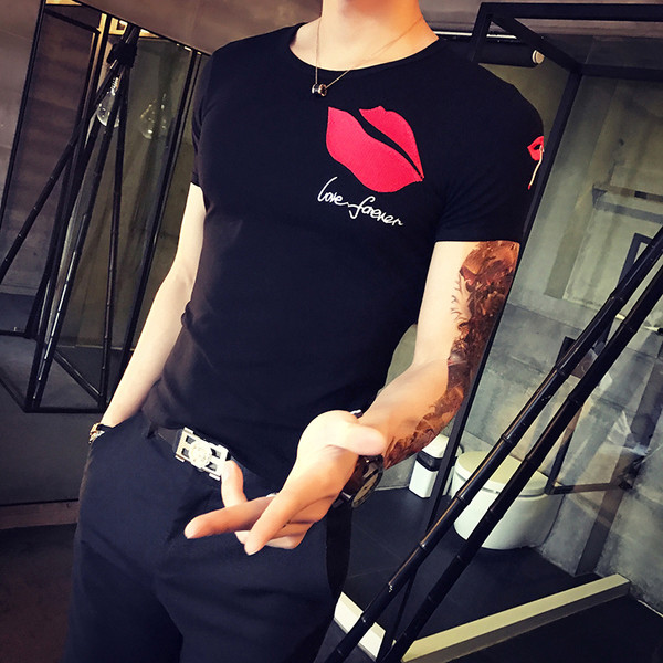 Mъжка тениска с надпис и апликация в бял и черен цвят - Slim модел