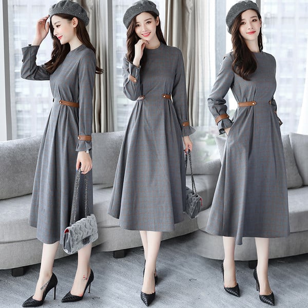 Model modern de rochie de dama cu buzunare si maneci din piele