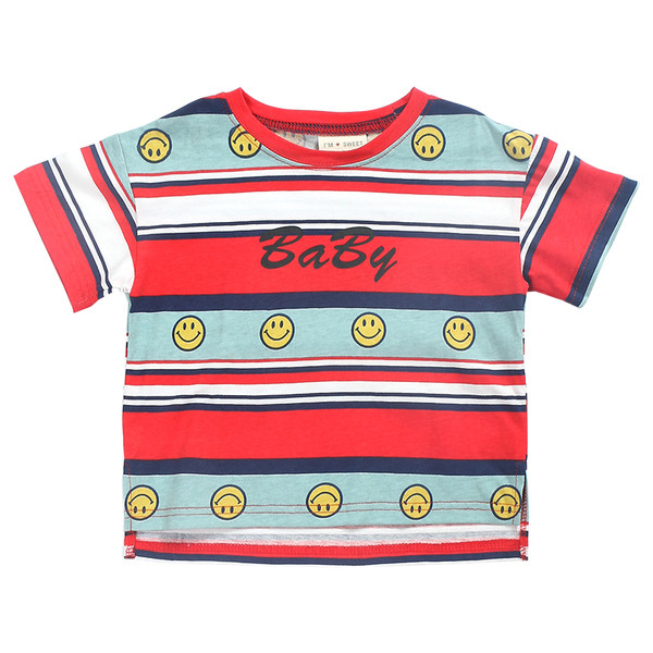 Tricou pentru copii în dungi cu inscripție și aplicații