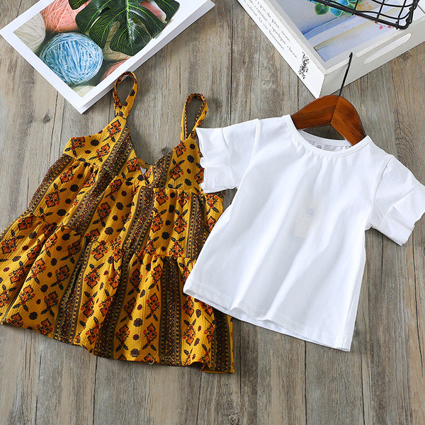 Set copii - rochie cu motive etnice si o bluza curata cu maneca scurta