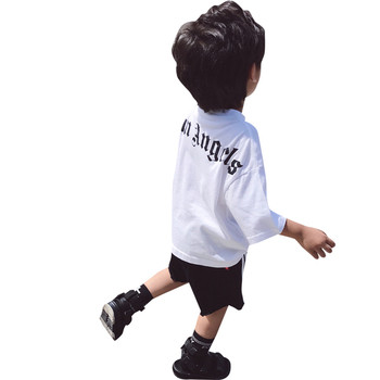 Памучна детска тениска за момче с 3/4 ръкав и надпис в бял и черен цвят