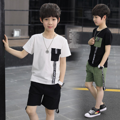 Модерен детски комплект за момче - тениска и къси панталони с надписи
