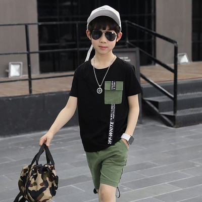 Модерен детски комплект за момче - тениска и къси панталони с надписи