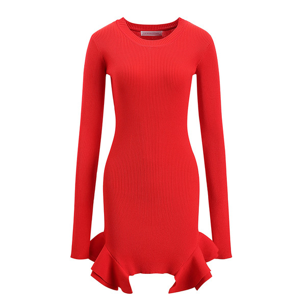 НОВО Модерна  дамска рокля с дълъг ръкав в червен цвят  