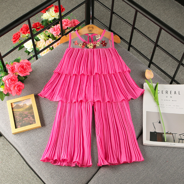 Set copii modern pentru fete - maiou cu broderie si pantaloni