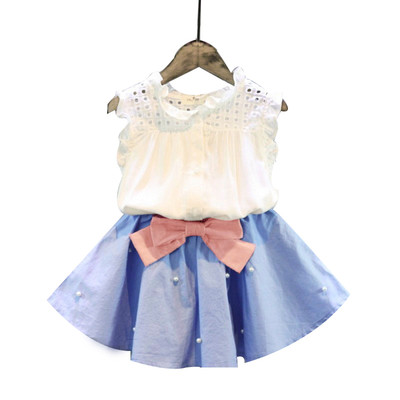 Модерен детски комплект - пола с перли и панделка и потник