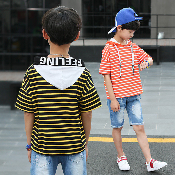 Tricou pentru copii cu dungi cu gluga si cravate in doua culori