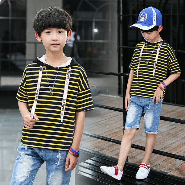 Tricou pentru copii cu dungi cu gluga si cravate in doua culori