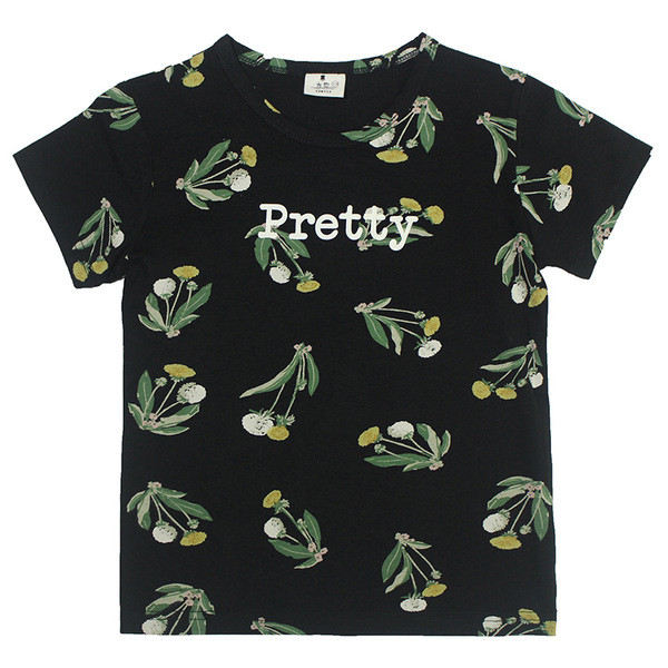 Gyerek póló virágos motívumokkal, fehér és fekete színű felirattal fiúnak és lánynak