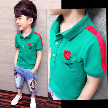 Детска тениска с яка и бродерия в зелен цвят