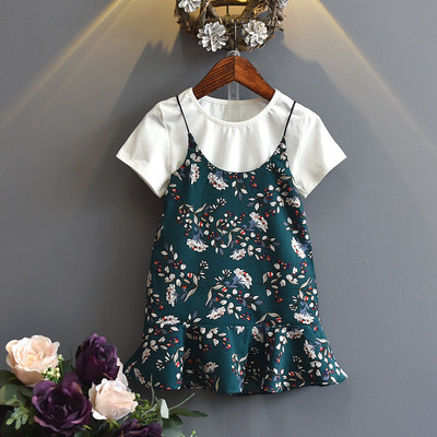 Детски комплект за момичета - изчистена тениска и рокля с флорален десен