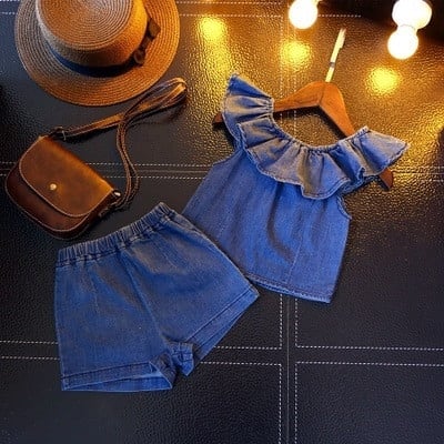 Детски комплект за момичета - дънков потник и дънкови панталони с ластик