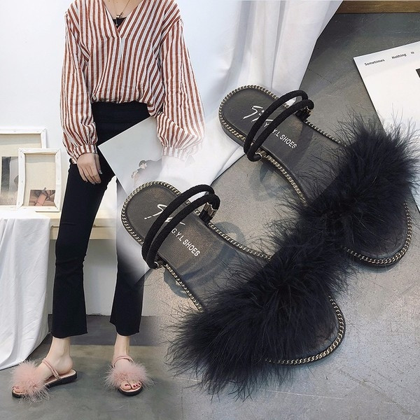 Дамски чехли с пух в три цвята