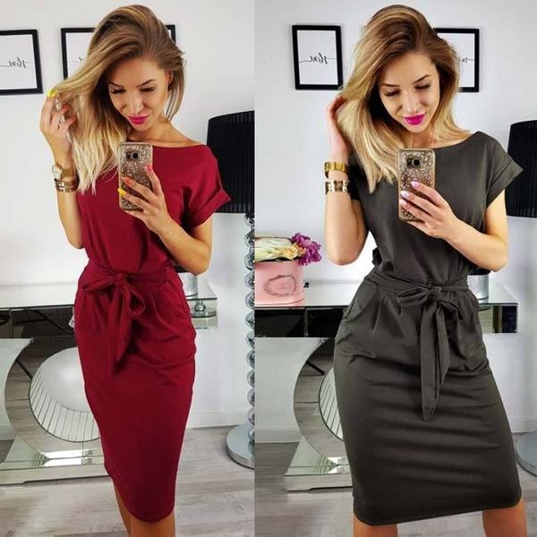 Rochie moderna de dama cu maneci scurte si curea in mai multe culori