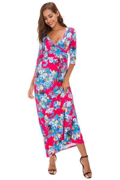 Пролетно-лятна дамска дълга рокля с V-образно деколте с флорални мотиви 