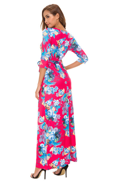 Пролетно-лятна дамска дълга рокля с V-образно деколте с флорални мотиви 