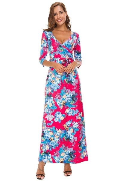 Пролетно-лятна дамска дълга рокля с V-образно деколте с флорални мотиви 