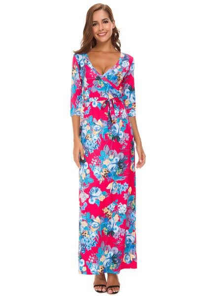 Пролетно-лятна дамска дълга рокля с V-образно деколте с флорални мотиви 