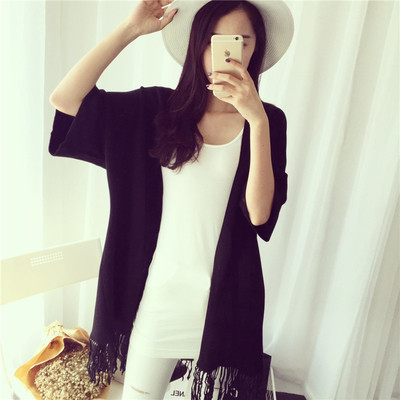 Дамска модерна жилетка с широки ръкави и ресни в долната част