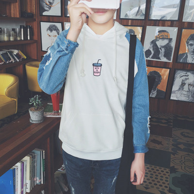 Hanorac modern pentru bărbați în alb și negru, cu mâneci din denim și broderie