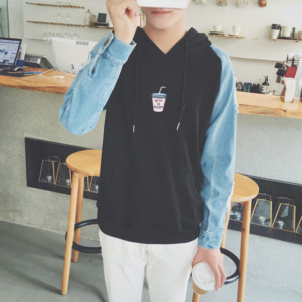 Hanorac modern pentru bărbați în alb și negru, cu mâneci din denim și broderie