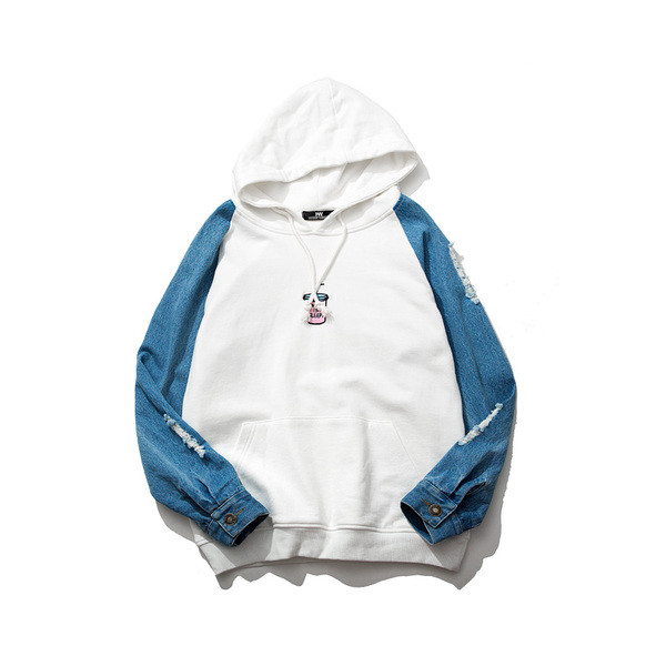 Hanorac modern pentru bărbați în alb și negru, cu mâneci din denim și broderie