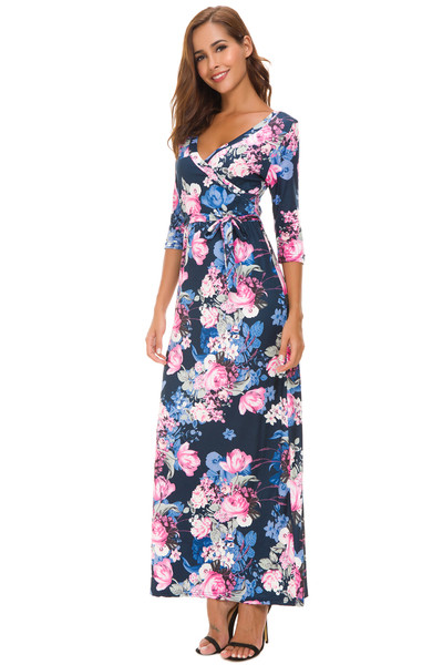 Rochie moderna de dama cu decolteu in V si motive florale